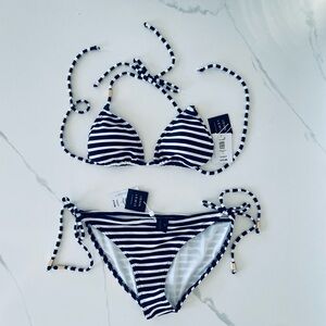 Striped White and Navy Bikini Set